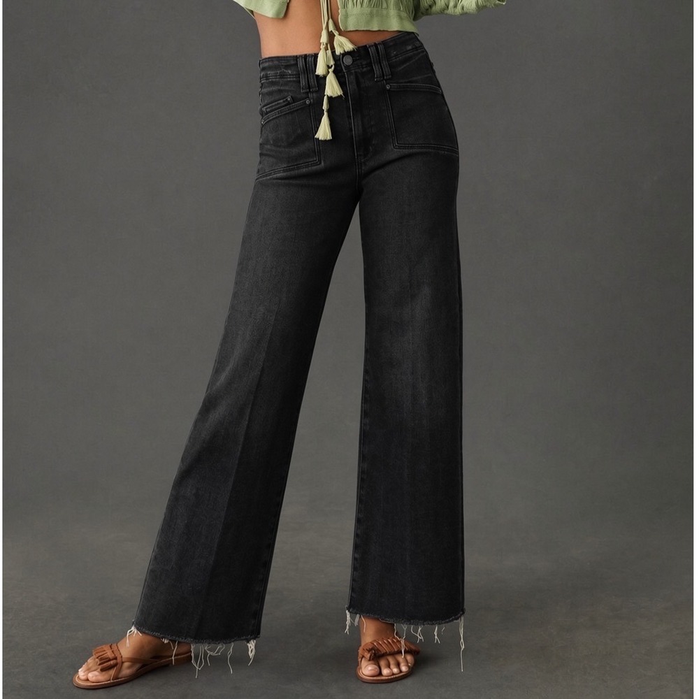 PAIGE Anessa High Rise Wide Leg Jeans Jasper Faded Black Raw Hem 30 Utility Welt